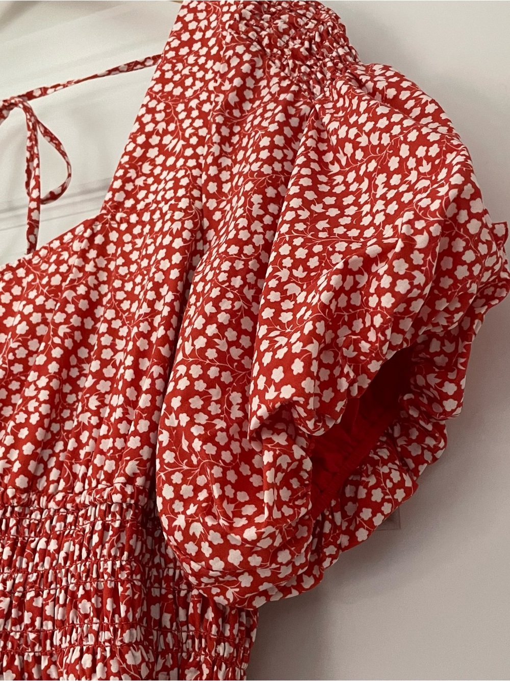 Anthropologie Red Ditsy Midi Dress 1X Plus Sz Floral Smocked Puff Sleeves Pocket - Picture 3 of 15
